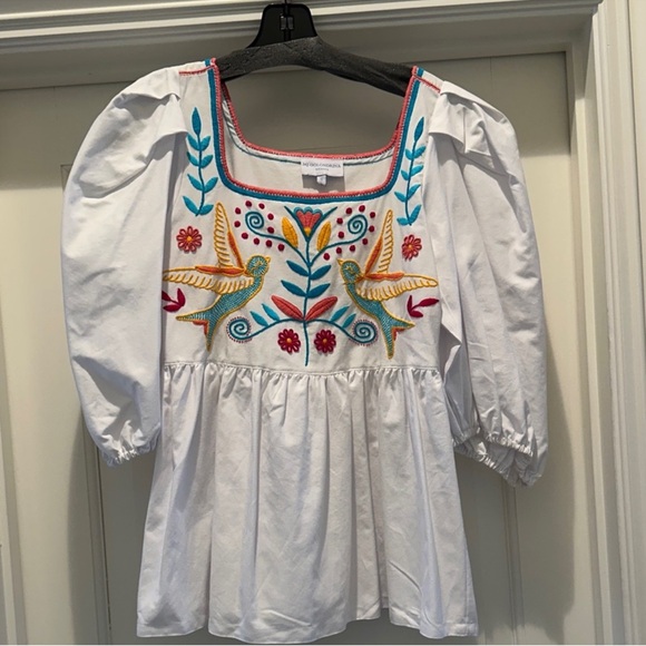 Mi Golondrina Mexico Embroidered Blouse Small White Cotton Folk Top - Picture 3 of 7